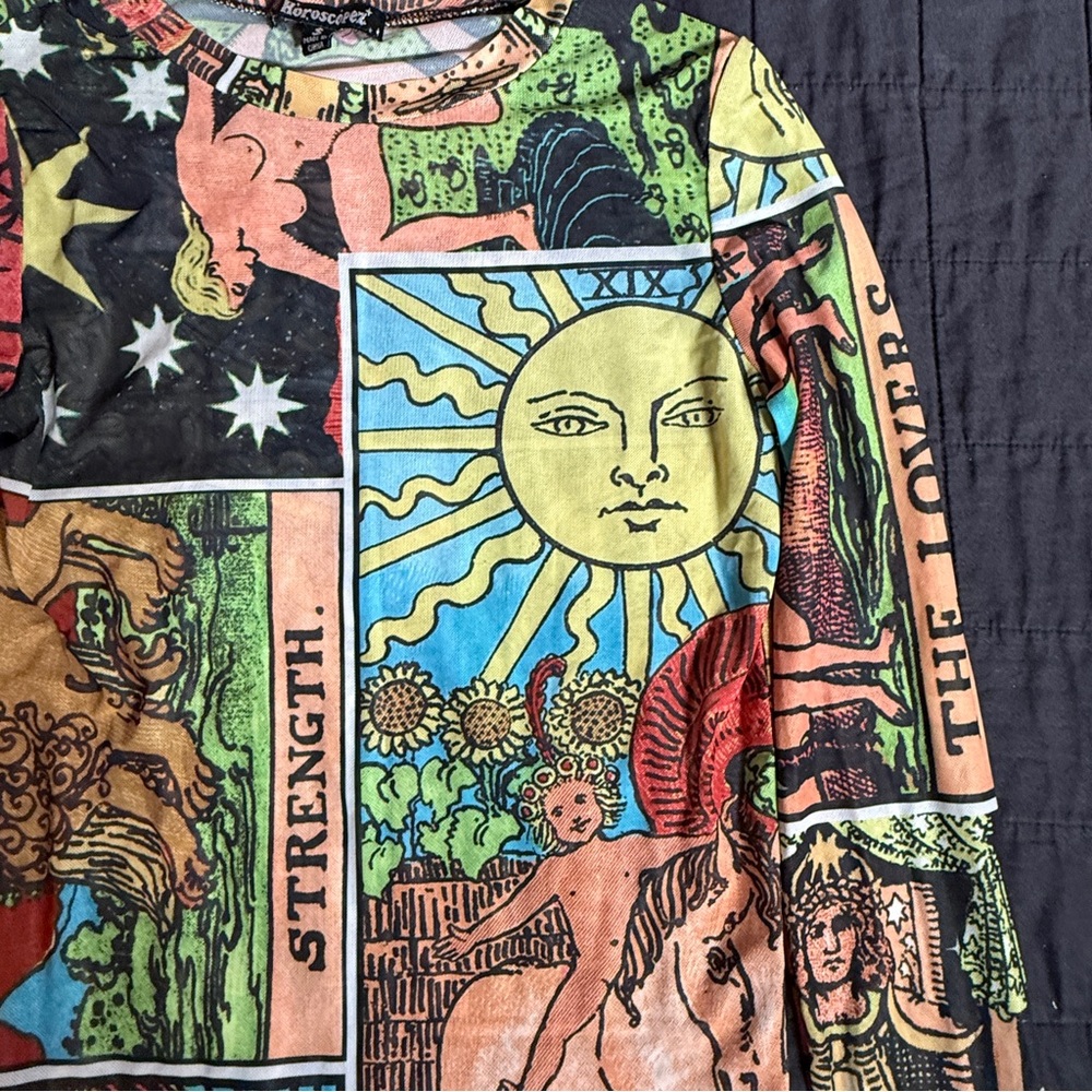 Horoscopez Dolls Kill Tarot Card Print Mesh Stretch Top Magic Multi New Age Y2K - Picture 2 of 4